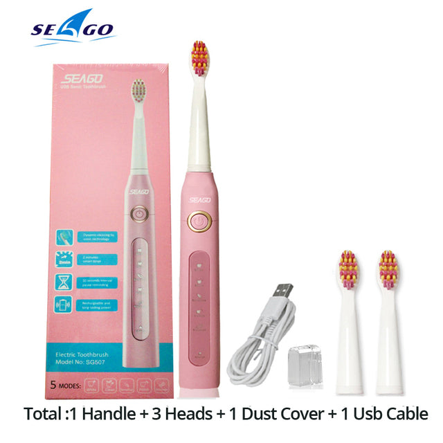 Seago spazzolino sonico elettrico 507 USB ricaricabile adulti Timer  impermeabile spazzolini da denti elettronici testine di ricambio per regalo